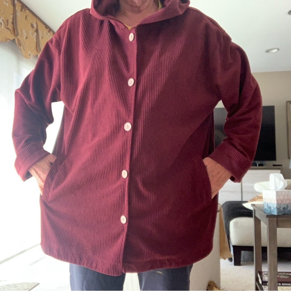Burgundy Corduroy Button Front Hoodie. Size Large